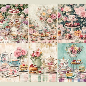 May include: A collage of six images featuring teacups, teapots, and pastries on a table setting with floral decorations. The images are arranged in a grid pattern. The teacups and teapots are decorated with floral patterns and the pastries are arranged on plates and platters.