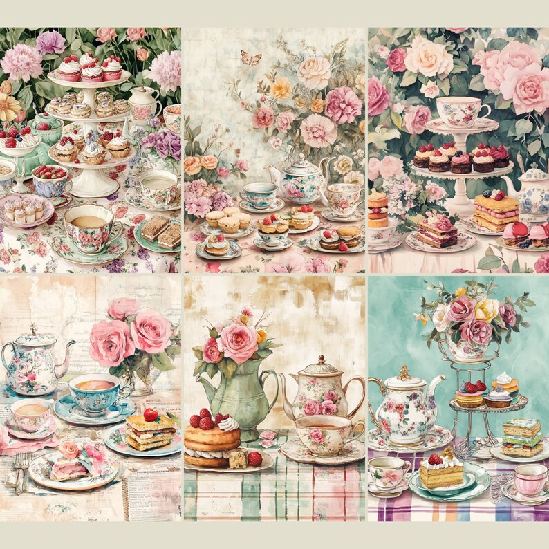 May include: A collage of six images featuring teacups, teapots, and pastries on a table setting with floral decorations. The images are arranged in a grid pattern. The teacups and teapots are decorated with floral patterns and the pastries are arranged on plates and platters.