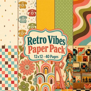 May include: A Retro Vibes Paper Pack containing 40 pages of 12x12 inch decorative paper. The collection displays various patterns including rotary telephones, colourful flowers, rainbows, wavy lines, checkered squares, and a person in 1970s attire.