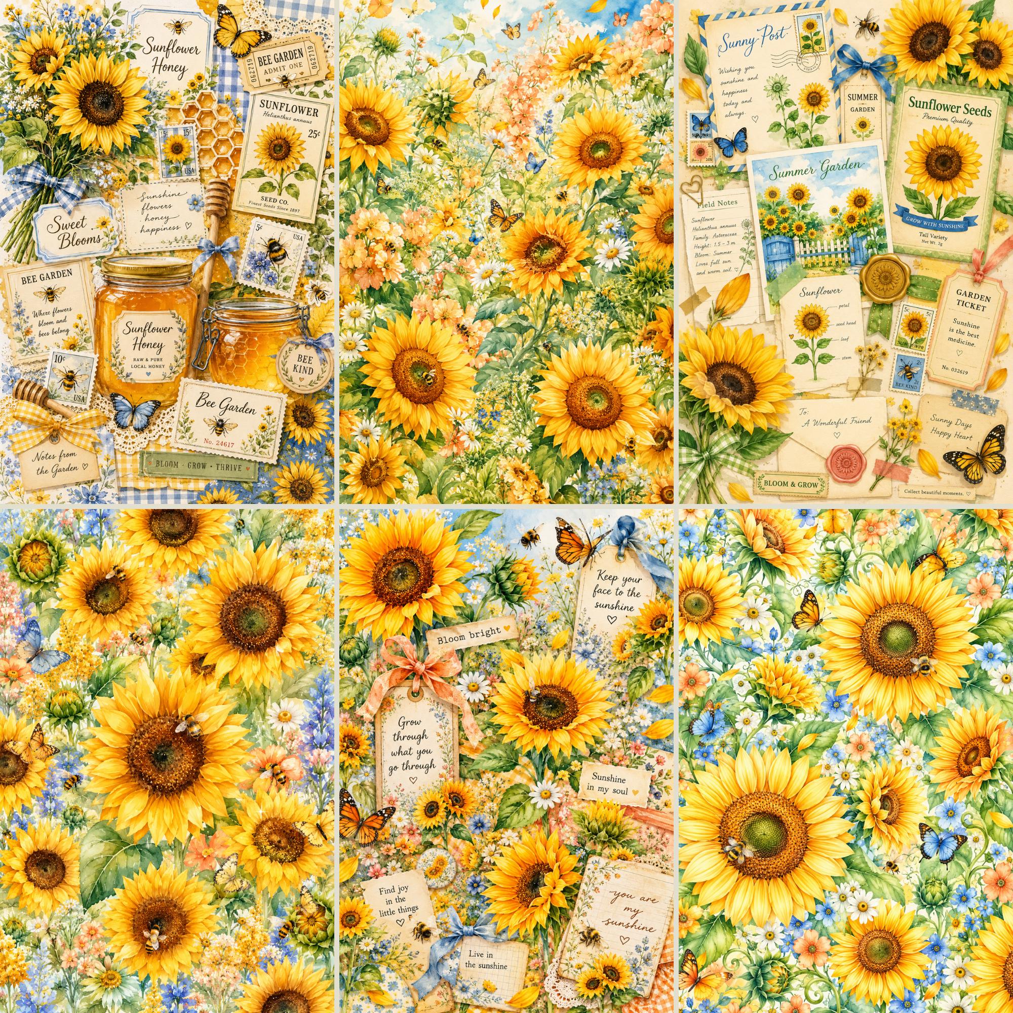 Sunflower Paper Pack Printable Junk Journal Pages Vintage Floral Yellow ...