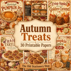 Puede incluir: Una colección de 30 papeles imprimibles titulada Autumn Treats, con ilustraciones de estilo vintage de tarta de calabaza, manzanas de caramelo, tartas de higo y lattes de calabaza con colores otoñales, tipografía decorativa y gráficos detallados.