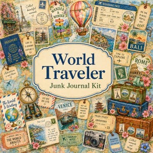 May include: A World Traveler Junk Journal Kit featuring a collage of travel-themed elements including a hot air balloon, vintage suitcases, a compass, binoculars, a camera, passports, boarding passes, and postcards with floral accents on a map background.