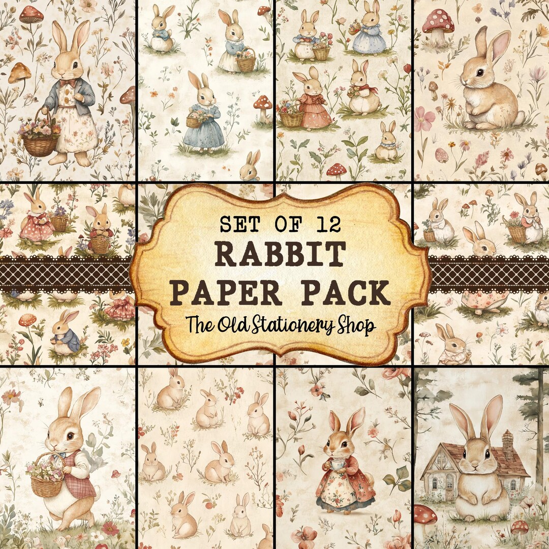 Vintage Rabbit Paper Pack, 12 Pages Printable Junk Journal, Whimsical ...
