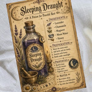 May include: A vintage-style poster titled Sleeping Draught featuring a glass bottle filled with purple liquid, a mortar and pestle, and a lit candle. The text lists ingredients including lavender, chamomile, mugwort, moon water, and honey.