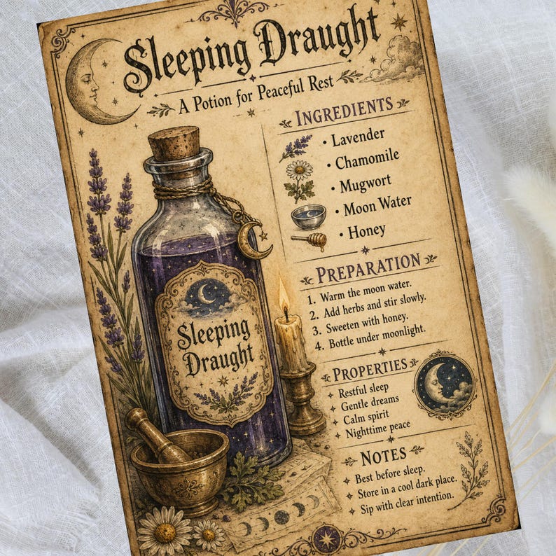 May include: A vintage-style poster titled Sleeping Draught featuring a glass bottle filled with purple liquid, a mortar and pestle, and a lit candle. The text lists ingredients including lavender, chamomile, mugwort, moon water, and honey.