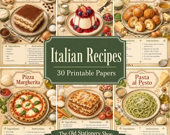 Italian Recipes Paper Pack, 30 Printable Junk Journal Pages Cottagecore Kitchen Cooking Scrapbook Ephemera Stationery PNG DIGITAL DOWNLOAD