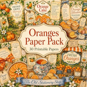 Puede incluir: Un paquete de papel digital con ilustraciones de estilo vintage de naranjas, azahar y productos de panadería. La colección incluye tarjetas de recetas, etiquetas y patrones con texto como Oranges Paper Pack, Orange Cake y Fresh Oranges.