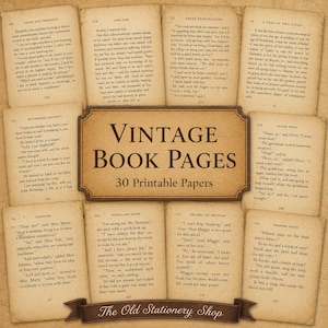Op de afbeelding: Een verzameling van dertig vintage boekpagina's met gedrukte tekst uit klassieke literatuur. De pagina's zijn in een raster gerangschikt met een centraal rechthoekig bord met de tekst VINTAGE BOOK PAGES 30 Printable Papers.