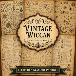 May include: A junk journal kit featuring aged parchment-style paper with black ink illustrations of pentacles, moon phases, planetary symbols, and ritual guides. The central label reads VINTAGE WICCAN JUNK JOURNAL KIT and THE OLD STATIONERY SHOP.