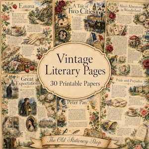 Op de afbeelding: Een verzameling vintage literaire pagina's met fragmenten uit Emma, A Tale of Two Cities, Alice's Adventures in Wonderland, Great Expectations en Peter Pan, versierd met bloemenillustraties, theekopjes en tijdsgebonden afbeeldingen.