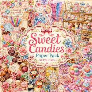 Puede incluir: Un collage colorido de dulces y caramelos, incluyendo piruletas, bombones y macarons. La imagen presenta el texto "Sweet Candies Paper Pack" y "18 PNG Files" con acentos florales y un estilo vintage.