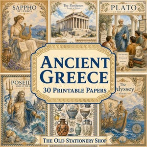 Paquete de papeles de la Antigua Grecia - 30 páginas imprimibles para diario de historia, mitología griega, dioses y diosas, papelería para álbum de recortes, DESCARGA DIGITAL