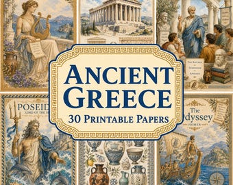 Kit de papier Grèce antique - 30 pages imprimables pour journal intime historique, mythologie grecque, dieux et déesses - Papeterie à télécharger