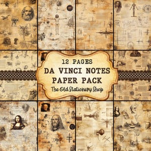 May include: A digital paper pack containing 12 pages of vintage-style illustrations of Leonardo da Vinci's notes and sketches. The pack includes images of anatomical drawings, flying machines, and other inventions. The title "12 PAGES DA VINCI NOTES PAPER PACK The Old Stationery Shop" is displayed on a label.