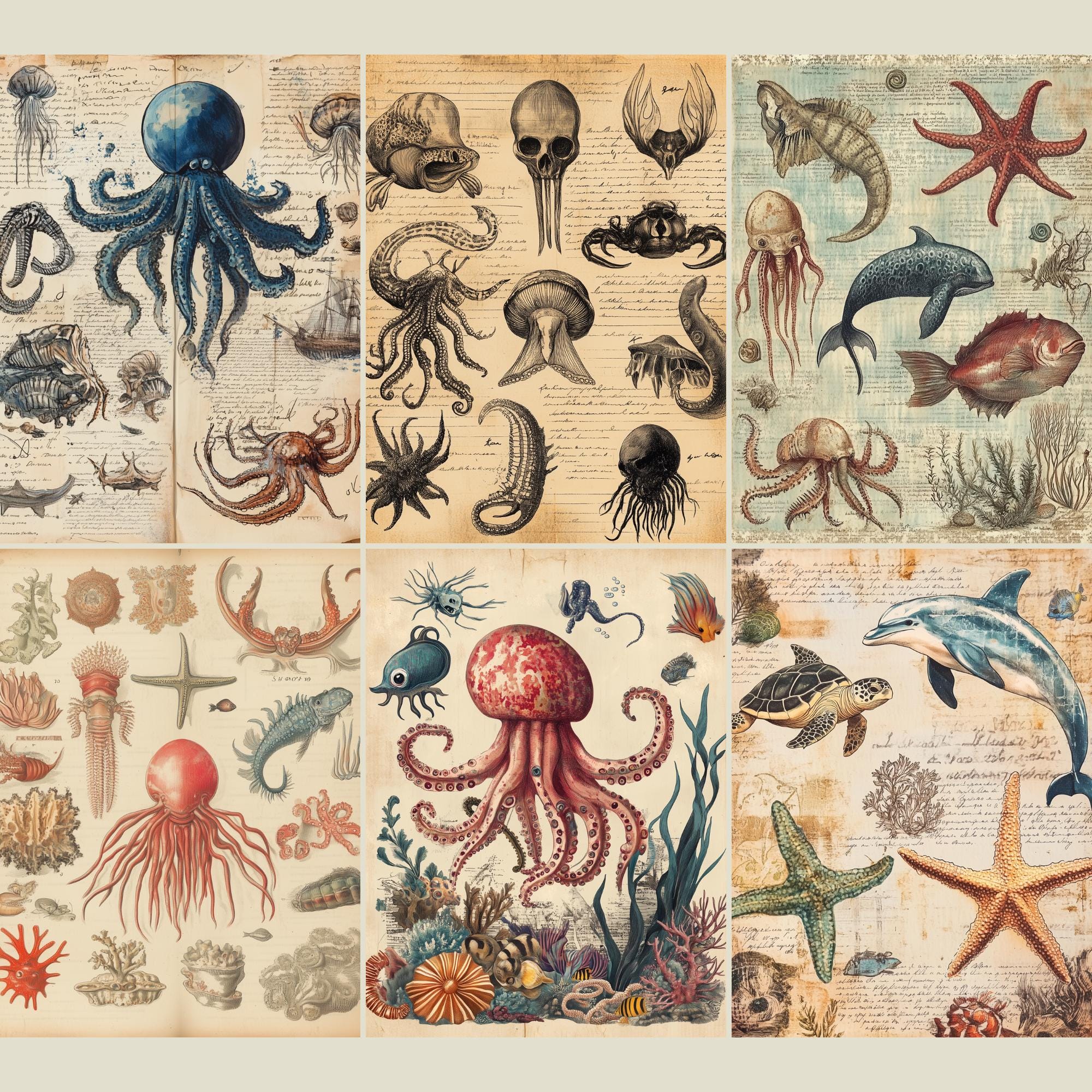 Sea Creatures Paper Pack 18 Pages Vintage Junk Journal Printable 