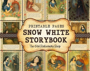 May include: A collection of vintage-style illustrations depicting scenes from the Snow White fairytale. The images feature characters like Snow White, the prince, the evil queen, and the seven dwarfs, with text overlayed.
