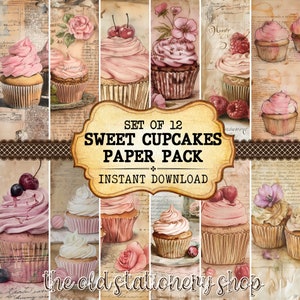 Pacote de papel para cupcakes doces, diário vintage, páginas para impressão, scrapbooking, itens efêmeros, inserções de planejador antigo, papelaria, PNG, DOWNLOAD DIGITAL