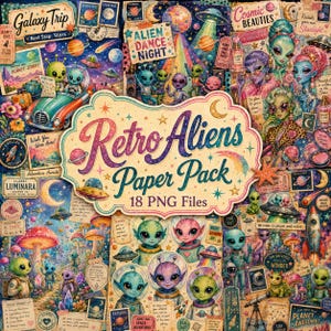 Puede incluir: Un collage de estilo retro con ilustraciones de extraterrestres, planetas y elementos espaciales. La imagen central dice "Retro Aliens Paper Pack, 18 PNG Files". La obra de arte incluye carteles de viaje vintage, sellos y personajes alienígenas coloridos.