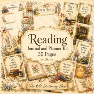 Op de afbeelding: Een 30-pagina tellende leesdagboek- en plannerkit met vintage-stijl illustraties van boeken, bloemen, theekopjes en kaarsen. De pagina's bevatten tekst op een crèmekleurige achtergrond, waaronder titels zoals My Reading Goals en literaire citaten.