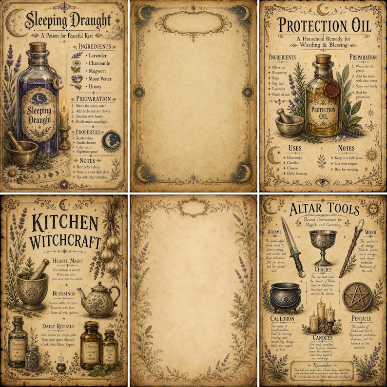 Vintage Grimoire Printable Papers - 30 Pages, Wiccan Book of Shadows Pages, Witch Junk Journal Dark Magic Occult Stationery DIGITAL DOWNLOAD image 7