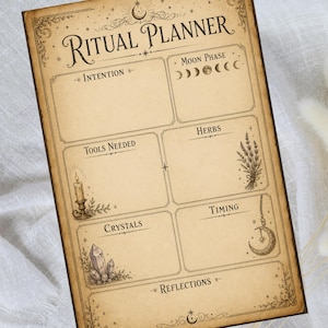 May include: A rectangular paper sheet titled RITUAL PLANNER with a vintage parchment appearance. It features sections for Intention, Moon Phase, Tools Needed, Herbs, Crystals, Timing, and Reflections, decorated with illustrations of a candle, herbs, and a crescent moon.