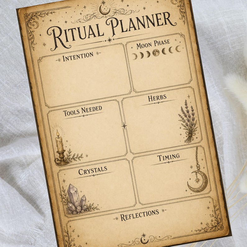 May include: A rectangular paper sheet titled RITUAL PLANNER with a vintage parchment appearance. It features sections for Intention, Moon Phase, Tools Needed, Herbs, Crystals, Timing, and Reflections, decorated with illustrations of a candle, herbs, and a crescent moon.