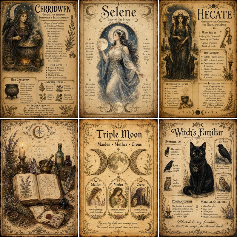 May include: A set of six vintage-style posters featuring illustrations and text about Cerridwen, Selene, Hecate, a witch's altar with an open book, the Triple Moon phases, and a black cat labeled as a Witch's Familiar on aged parchment paper.