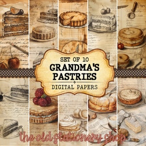 Grandma&#39;s Pastries Paper Pack Vintage Junk Journal Printable Pages Scrapbooking Ephemera Antique Planner Stationery PNG DIGITAL DOWNLOAD
