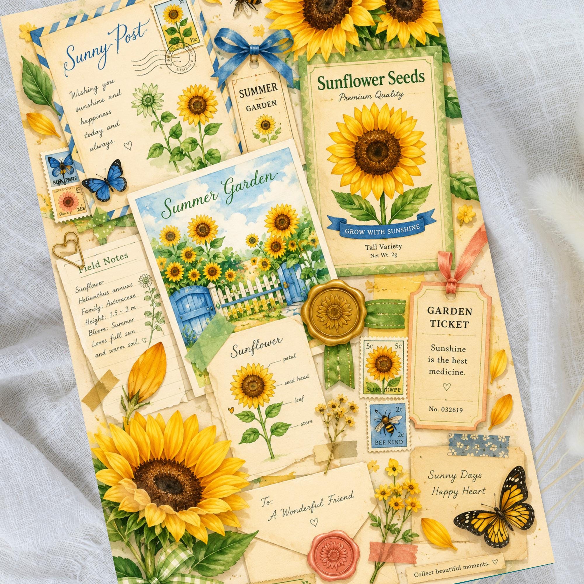 Sunflower Paper Pack Printable Junk Journal Pages Vintage Floral Yellow ...