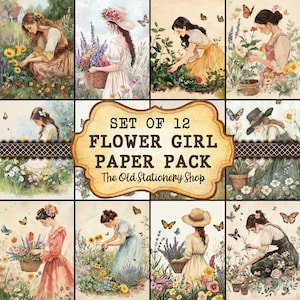 Paquete de papel de niña de las flores, páginas de diario basura vintage, álbum de recortes, efímeras florales imprimibles, insertos de planificador antiguos, papelería, DESCARGA DIGITAL