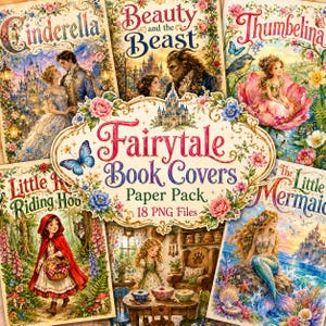 Portadas de libros de cuentos de hadas, paquete de papel imprimible de Grimm, papelería y álbumes de recortes de estilo vintage con temática de cuentos, descarga digital PNG.