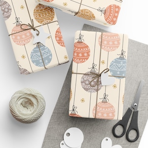 Vintage Christmas Wrapping Paper, Christmas Gift Wrapper, Pastel Colorful Christmas Ornaments Print, Retro Holiday Wrapping Paper