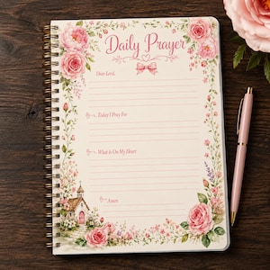 May include: A spiral-bound notebook titled Daily Prayer with a cream-colored page featuring pink rose illustrations, a small church graphic, and lined sections for writing. The text includes Dear Lord, Today I Pray For, What Is On My Heart, and Amen.