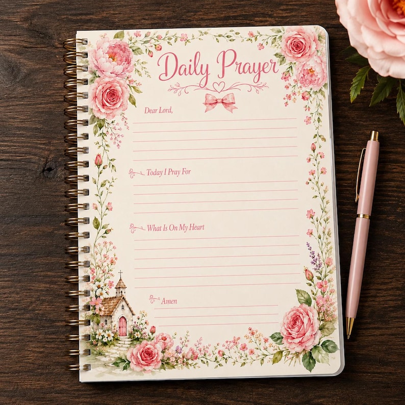 May include: A spiral-bound notebook titled Daily Prayer with a cream-colored page featuring pink rose illustrations, a small church graphic, and lined sections for writing. The text includes Dear Lord, Today I Pray For, What Is On My Heart, and Amen.