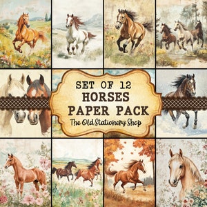 Paquete de papel de caballos, páginas imprimibles para diario basura vintage, álbumes de recortes de animales para amantes de los caballos, efímeras, insertos de planificador antiguos, papelería digital