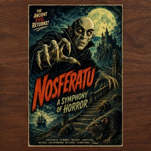 K&ouml;nnte beinhalten: Ein rechteckiges Poster mit der Figur Nosferatu, die lange Krallen, einen dunklen Umhang und ein blasses Gesicht hat. Der Text lautet THE ANCIENT EVIL RETURNS!, NOSFERATU A SYMPHONY OF HORROR sowie Filmcredits. Zu sehen sind ein Schloss, Ratten und ein Schiff.