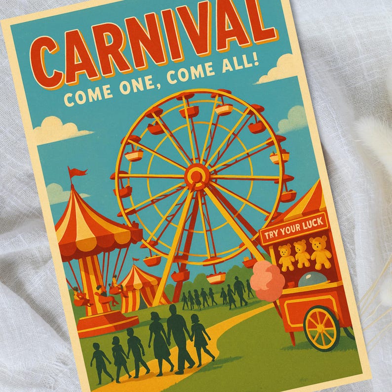 Peut inclure: Affiche vintage de f&ecirc;te foraine avec le mot "CARNIVAL" en grandes lettres orange. L'affiche pr&eacute;sente une grande roue, un man&egrave;ge et un jeu "Try Your Luck". Une famille marche vers la f&ecirc;te foraine.