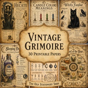 Op de afbeelding: Een verzameling van 30 printbare papieren getiteld Vintage Grimoire, met verouderde perkamentachtergronden met illustraties van Hecate, betekenissen van kaarskleuren, een zwarte kat, slaapdrank, runentekens en het wiel van het jaar.