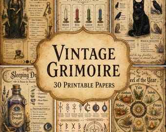 Vintage Grimoire Printable Papers - 30 Pages, Wiccan Book of Shadows Pages, Witch Junk Journal Dark Magic Occult Stationery DIGITAL DOWNLOAD