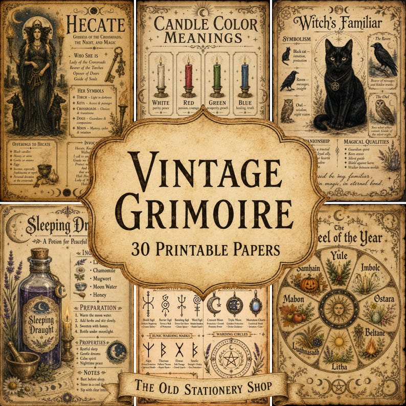 May include: A collection of 30 printable papers titled Vintage Grimoire, featuring aged parchment backgrounds with illustrations of Hecate, candle color meanings, a black cat, sleeping draught potion, runic marks, and the wheel of the year.