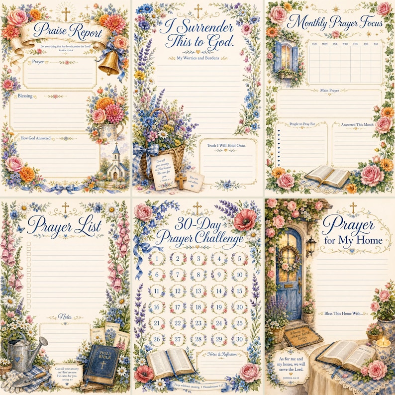 May include: A set of six decorative prayer journal pages featuring floral borders, religious text, and illustrations of bibles, churches, and baskets. Each page includes lined sections for writing, checkboxes for tracking, and headers like Praise Report.