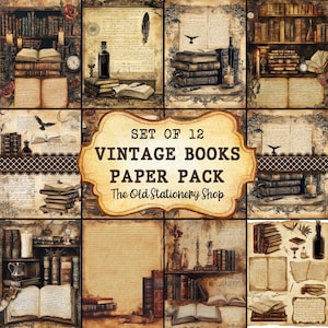 May include: Set of 12 vintage book digital papers. The papers feature images of old books, shelves, and other vintage elements. The papers are perfect for scrapbooking, card making, and other paper crafts.