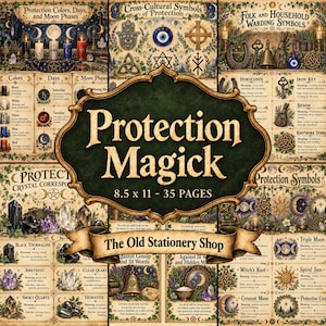 May include: A 35-page digital collection titled Protection Magick, measuring 8.5 x 11 inches. The pages feature illustrations of crystals, candles, and symbols like the hamsa, horseshoe, and knotwork, with descriptive text explaining their meanings.