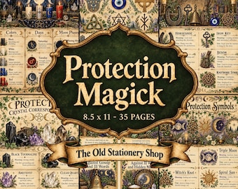 以下が含まれることがあります： Protection Magickと題された35ページのデジタルコレクションで、サイズは21.6 x 27.9 cmです。各ページには、クリスタル、キャンドル、ハムサ、蹄鉄、結び目などのシンボルのイラストが描かれており、それぞれの意味を説明するテキストが添えられています。