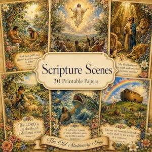 Op de afbeelding: Een verzameling van 30 printbare papieren getiteld Scripture Scenes, met gedetailleerde illustraties van bijbelse verhalen waaronder Eden, de Hemelvaart, Daniël in de leeuwenkuil, David de herder, Jona en de ark van Noach met bloemenranden.