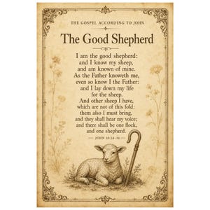 Puede incluir: Una impresi&oacute;n rectangular sobre papel pergamino envejecido con el texto The Gospel According to John, The Good Shepherd y los vers&iacute;culos 10:14-16. Debajo del texto hay una ilustraci&oacute;n detallada de un cordero tumbado junto a un cayado.
