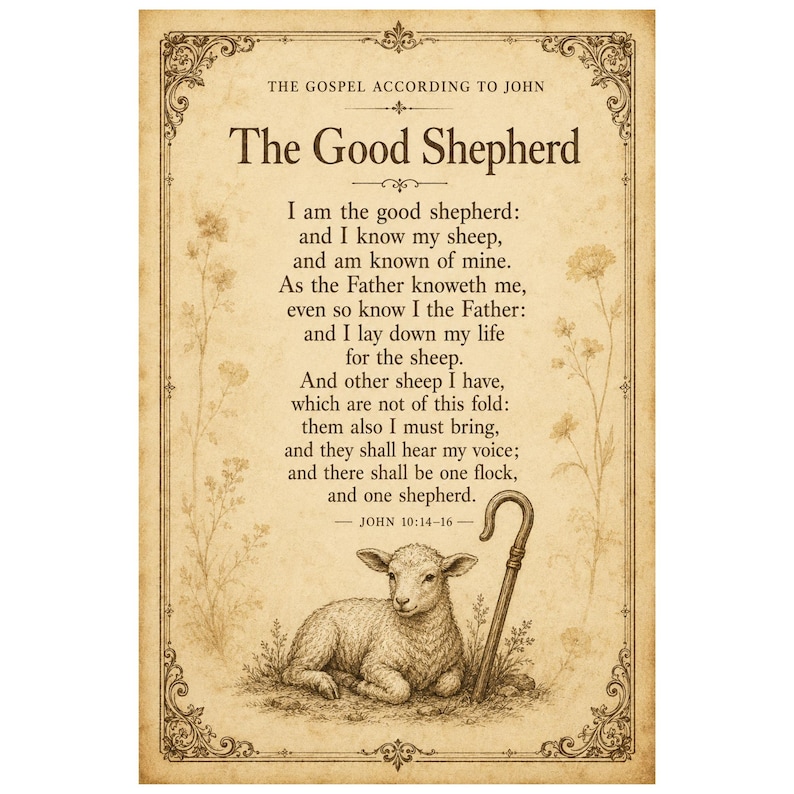 Puede incluir: Una impresi&oacute;n rectangular sobre papel pergamino envejecido con el texto The Gospel According to John, The Good Shepherd y los vers&iacute;culos 10:14-16. Debajo del texto hay una ilustraci&oacute;n detallada de un cordero tumbado junto a un cayado.
