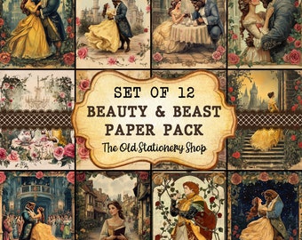 Beauty & the Beast Paper Pack, Vintage Fairytale Junk Journal Printable Pages Scrapbooking Ephemera Planner Stationery PNG DIGITAL DOWNLOAD