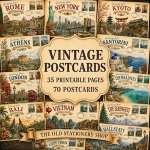 Puede incluir: Una colección de postales de estilo vintage con ilustraciones de destinos globales como Roma, Nueva York, Kioto, Atenas, Santorini, Londres, Maldivas, Bali, Vietnam, Serengeti y Hallstatt, con el texto VINTAGE POSTCARDS.