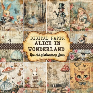 Paquet de papier vintage d'Alice au pays des merveilles vintage Junk Journal Pages imprimables Scrapbooking Ephemera Antique Planner Papeterie TÉLÉCHARGEMENT NUMÉRIQUE PNG